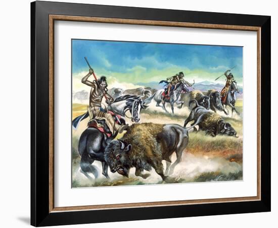 Native American Indians Killing American Bison-Ron Embleton-Framed Giclee Print