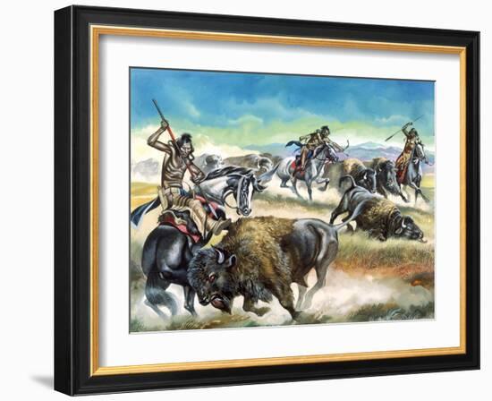 Native American Indians Killing American Bison-Ron Embleton-Framed Giclee Print