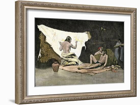 Native American Shaman Using Pictures on a Buffalo Robe to Cure a Young Man's Illness-null-Framed Giclee Print