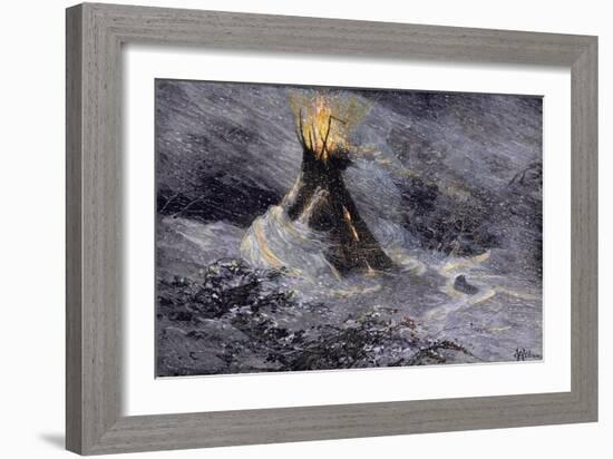 Native American Tepee in a Snowstorm, Emitting Embers from Center Smoke-Hole-null-Framed Giclee Print