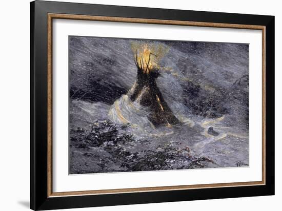 Native American Tepee in a Snowstorm, Emitting Embers from Center Smoke-Hole-null-Framed Giclee Print