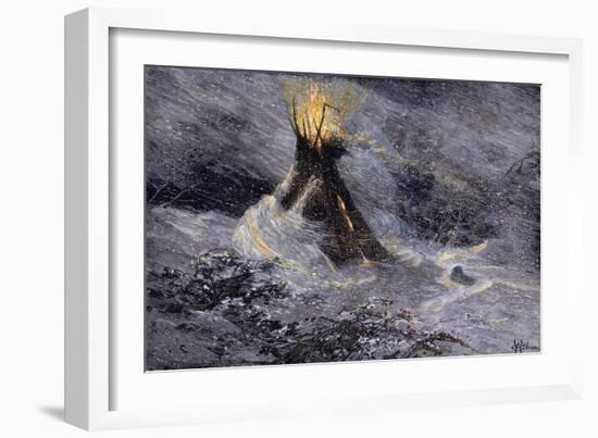 Native American Tepee in a Snowstorm, Emitting Embers from Center Smoke-Hole-null-Framed Giclee Print