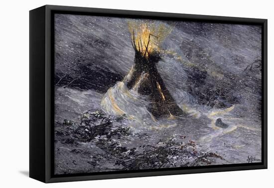 Native American Tepee in a Snowstorm, Emitting Embers from Center Smoke-Hole-null-Framed Premier Image Canvas