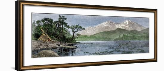 Native American Tipi and Canoe on the Shore of Lake Beneath Long's Peak, Colorado-null-Framed Giclee Print