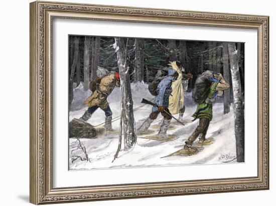 Native American Trappers Carrying Furs on Snowshoes in a Forest of the Pacific Northwest-null-Framed Premium Giclee Print