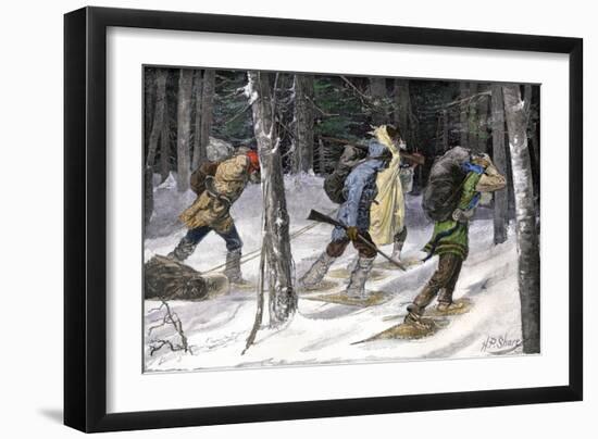 Native American Trappers Carrying Furs on Snowshoes in a Forest of the Pacific Northwest-null-Framed Premium Giclee Print