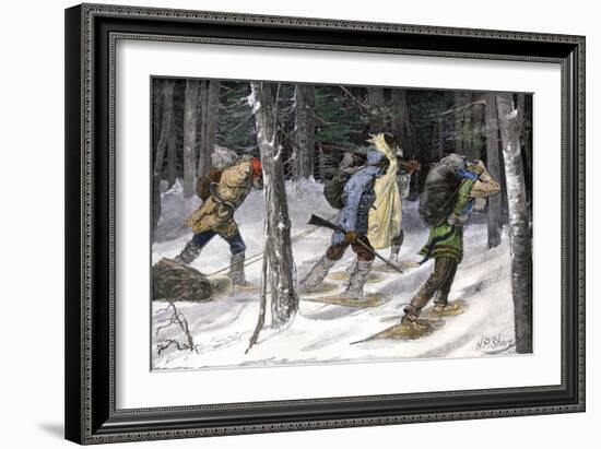 Native American Trappers Carrying Furs on Snowshoes in a Forest of the Pacific Northwest-null-Framed Premium Giclee Print