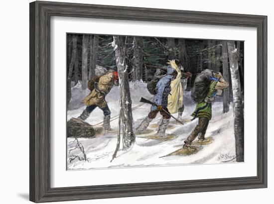 Native American Trappers Carrying Furs on Snowshoes in a Forest of the Pacific Northwest-null-Framed Giclee Print