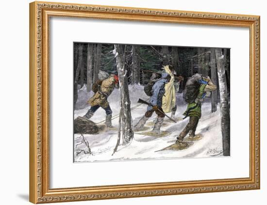 Native American Trappers Carrying Furs on Snowshoes in a Forest of the Pacific Northwest-null-Framed Giclee Print