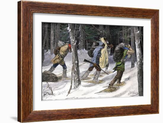 Native American Trappers Carrying Furs on Snowshoes in a Forest of the Pacific Northwest-null-Framed Giclee Print