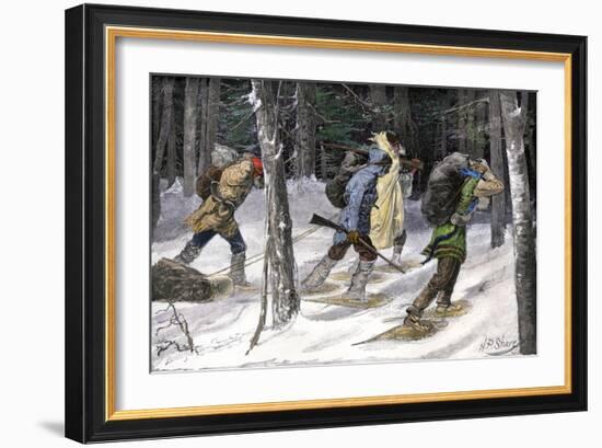 Native American Trappers Carrying Furs on Snowshoes in a Forest of the Pacific Northwest-null-Framed Giclee Print