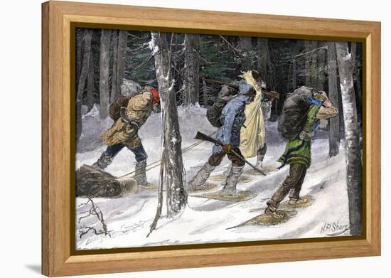 Native American Trappers Carrying Furs on Snowshoes in a Forest of the Pacific Northwest-null-Framed Premier Image Canvas