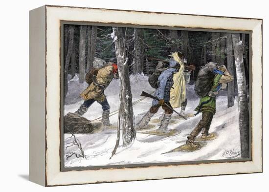 Native American Trappers Carrying Furs on Snowshoes in a Forest of the Pacific Northwest-null-Framed Premier Image Canvas