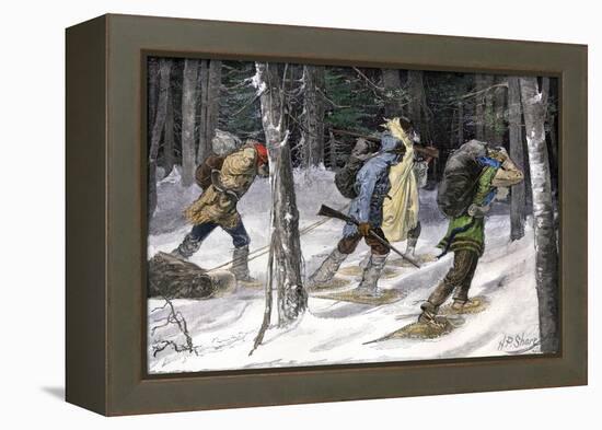 Native American Trappers Carrying Furs on Snowshoes in a Forest of the Pacific Northwest-null-Framed Premier Image Canvas