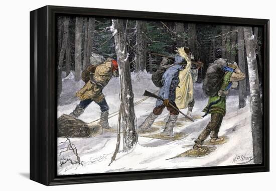 Native American Trappers Carrying Furs on Snowshoes in a Forest of the Pacific Northwest-null-Framed Premier Image Canvas