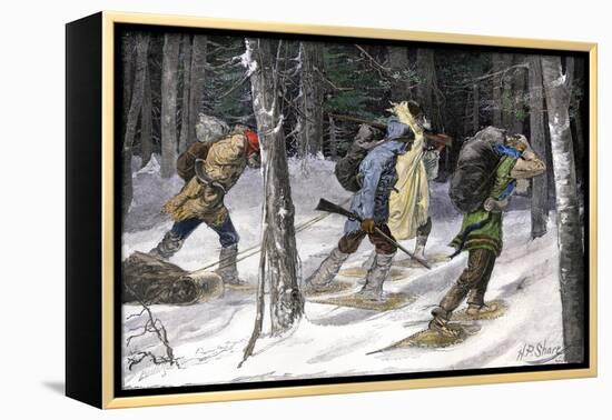 Native American Trappers Carrying Furs on Snowshoes in a Forest of the Pacific Northwest-null-Framed Premier Image Canvas