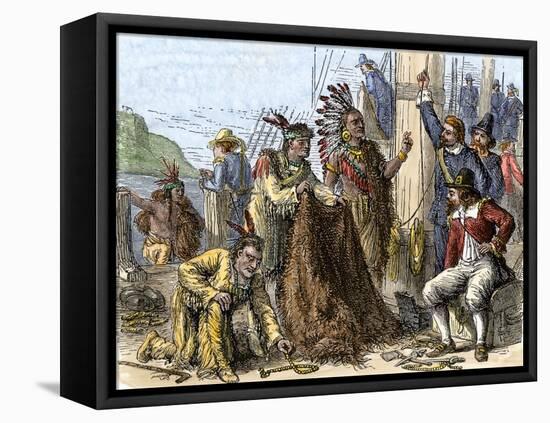Native Americans Aboard Ship to Trade Their Furs to Europeans-null-Framed Premier Image Canvas