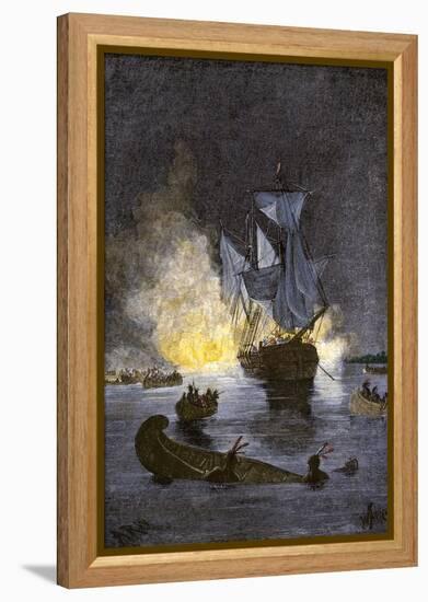 Native Americans Burning a Schooner in the Detroit River at Night during Pontiac's War, c.1763-1764-null-Framed Premier Image Canvas