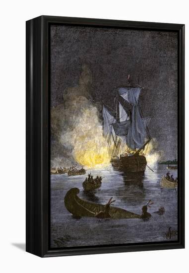 Native Americans Burning a Schooner in the Detroit River at Night during Pontiac's War, c.1763-1764-null-Framed Premier Image Canvas