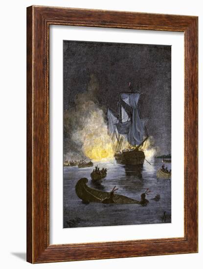 Native Americans Burning a Schooner in the Detroit River at Night during Pontiac's War, c.1763-1764-null-Framed Giclee Print