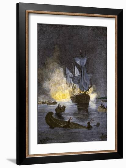 Native Americans Burning a Schooner in the Detroit River at Night during Pontiac's War, c.1763-1764-null-Framed Giclee Print