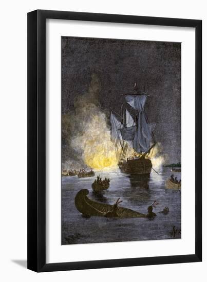 Native Americans Burning a Schooner in the Detroit River at Night during Pontiac's War, c.1763-1764-null-Framed Giclee Print