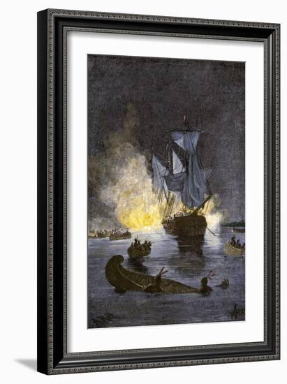 Native Americans Burning a Schooner in the Detroit River at Night during Pontiac's War, c.1763-1764-null-Framed Giclee Print