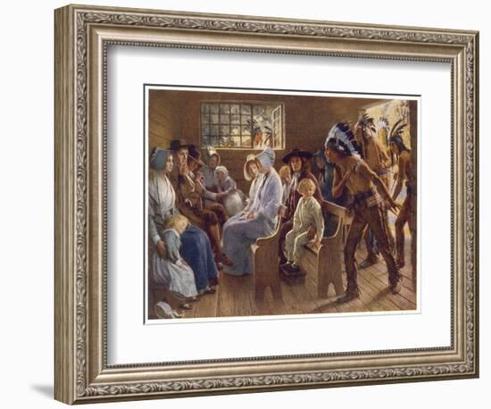 Native Americans Interrupt a Puritan Church Service-null-Framed Art Print