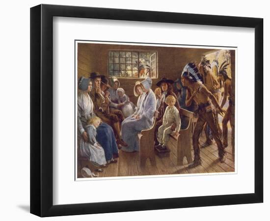 Native Americans Interrupt a Puritan Church Service--Framed Art Print