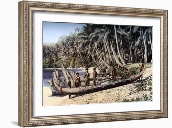 Native Canoe on a Palm Shaded Beach, Solomon Islands, C1923-York & Son-Framed Giclee Print