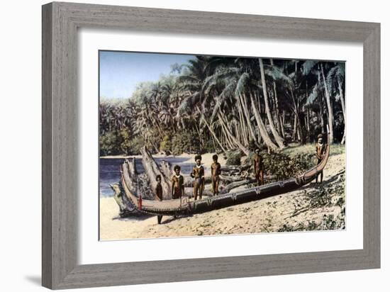 Native Canoe on a Palm Shaded Beach, Solomon Islands, C1923-York & Son-Framed Giclee Print