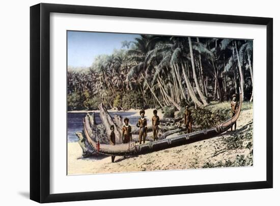 Native Canoe on a Palm Shaded Beach, Solomon Islands, C1923-York & Son-Framed Giclee Print