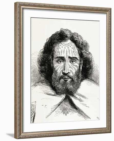 Native Chief with Tattoos on Easter Island, Polynesia, 1872-null-Framed Giclee Print