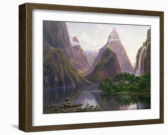 Native Figures, Milford Sound, New Zealand, Also Depicted Are Mitre Peak and Bowens Fall, 1892-Eugene Von Guerard-Framed Giclee Print