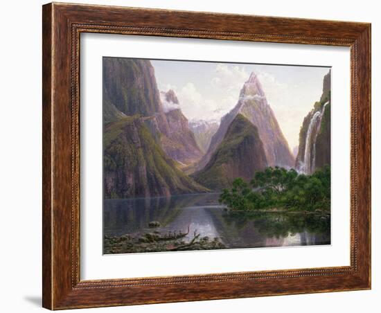 Native Figures, Milford Sound, New Zealand, Also Depicted Are Mitre Peak and Bowens Fall, 1892-Eugene Von Guerard-Framed Giclee Print