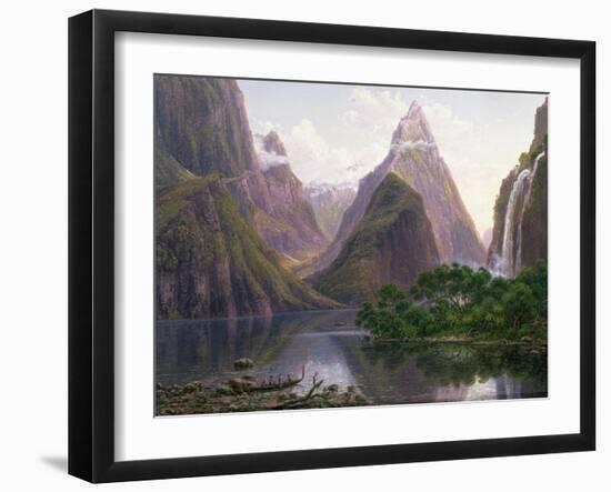 Native Figures, Milford Sound, New Zealand, Also Depicted Are Mitre Peak and Bowens Fall, 1892-Eugene Von Guerard-Framed Giclee Print