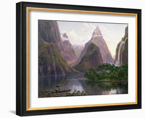 Native Figures, Milford Sound, New Zealand, Also Depicted Are Mitre Peak and Bowens Fall, 1892-Eugene Von Guerard-Framed Giclee Print
