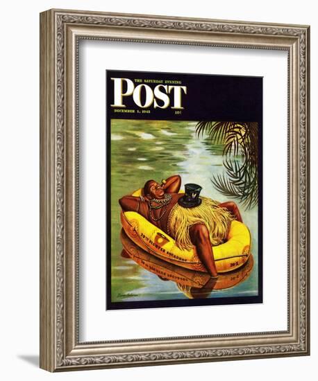 "Native in Army Raft," Saturday Evening Post Cover, December 1, 1945-Stevan Dohanos-Framed Giclee Print