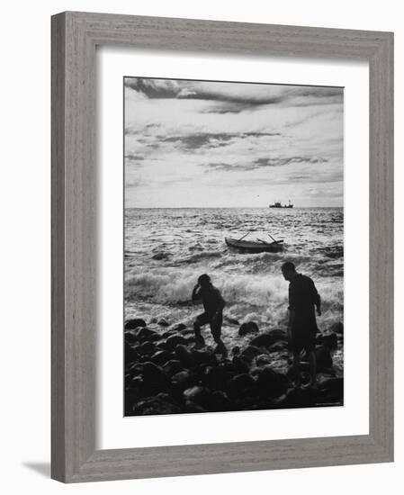 Natives Swamped by Surf on Rocky Shore in Tristan Da Cunha Island-Carl Mydans-Framed Photographic Print