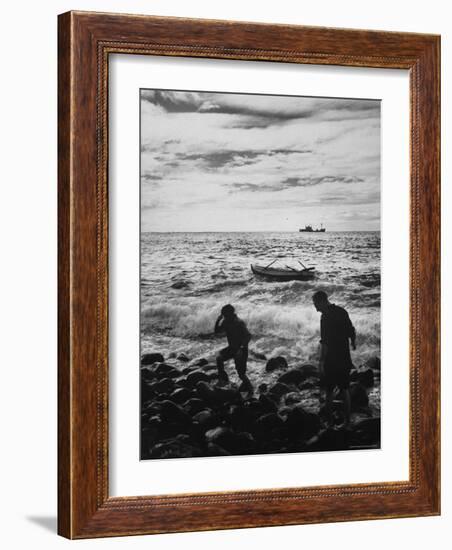 Natives Swamped by Surf on Rocky Shore in Tristan Da Cunha Island-Carl Mydans-Framed Photographic Print