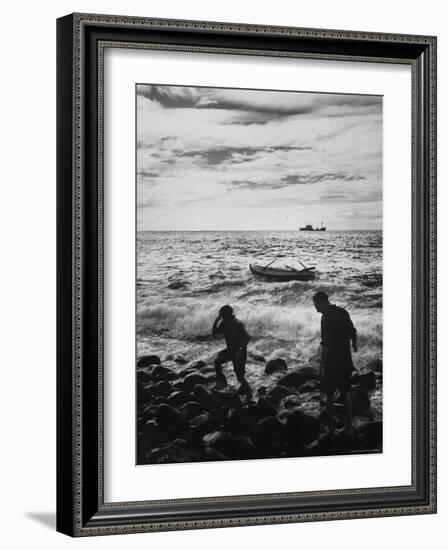 Natives Swamped by Surf on Rocky Shore in Tristan Da Cunha Island-Carl Mydans-Framed Photographic Print