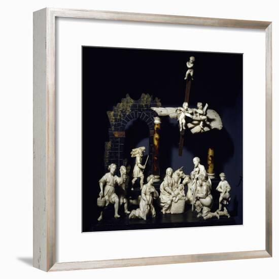 Nativity and Adoration of Shepherds, Tyrolean Nativity Scene with Figurines in Ivory and Tortoise-null-Framed Giclee Print