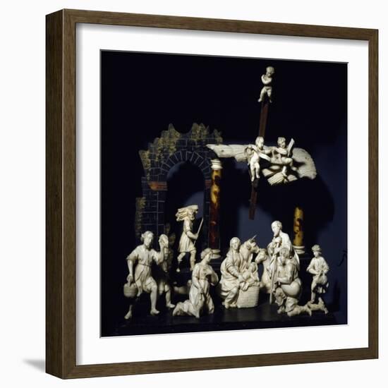 Nativity and Adoration of Shepherds, Tyrolean Nativity Scene with Figurines in Ivory and Tortoise-null-Framed Giclee Print