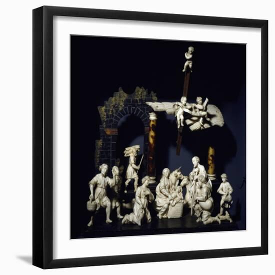 Nativity and Adoration of Shepherds, Tyrolean Nativity Scene with Figurines in Ivory and Tortoise-null-Framed Giclee Print
