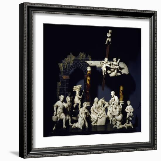 Nativity and Adoration of Shepherds, Tyrolean Nativity Scene with Figurines in Ivory and Tortoise-null-Framed Giclee Print