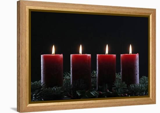 Natural Advent wreath or crown with four burning red candles, Christmas composition, France, Europe-Godong-Framed Premier Image Canvas