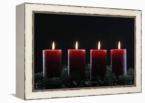 Natural Advent wreath or crown with four burning red candles, Christmas composition, France, Europe-Godong-Framed Premier Image Canvas