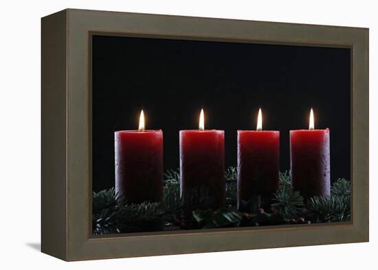 Natural Advent wreath or crown with four burning red candles, Christmas composition, France, Europe-Godong-Framed Premier Image Canvas