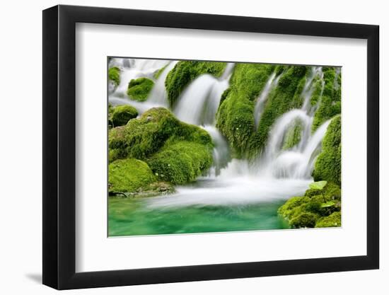 Natural Spring Waterfall Surrounded by Moss and Lush Foliage.-Liang Zhang-Framed Photographic Print