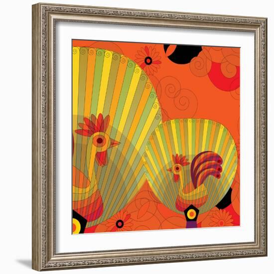 Nature Fan, Rooster Color-Belen Mena-Framed Giclee Print